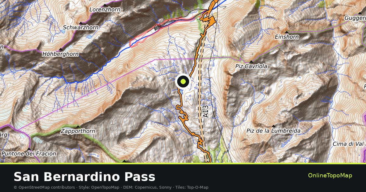 Topographic map of San Bernardino Pass with contour lines and hillshading