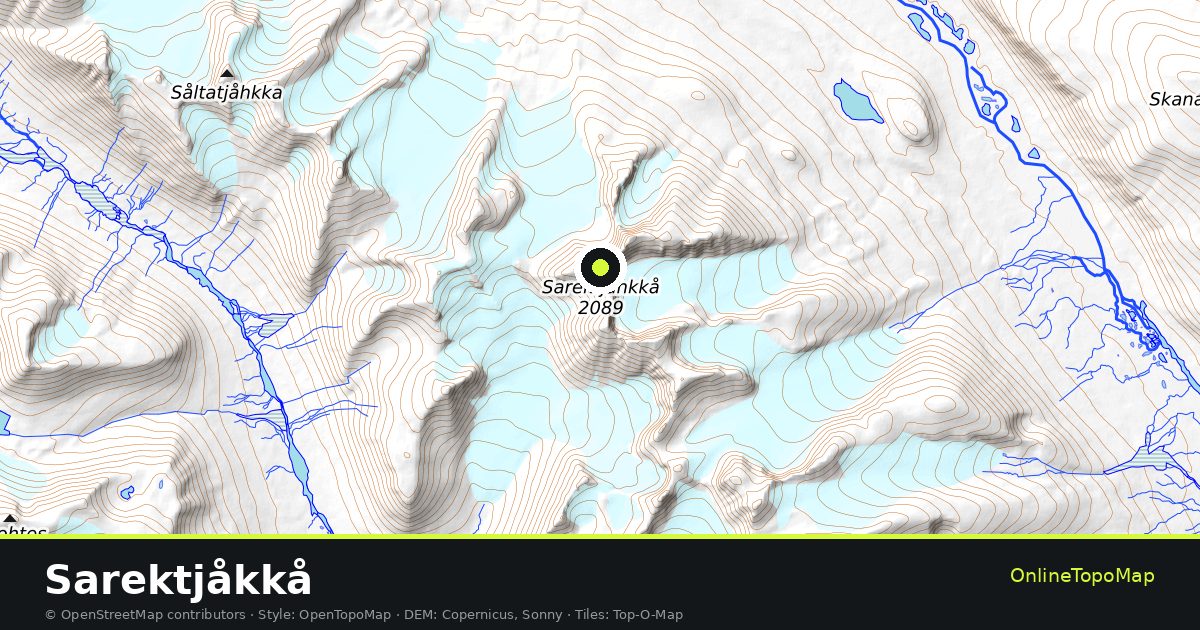 Topographic map of Sarektjåkkå with contour lines and hillshading