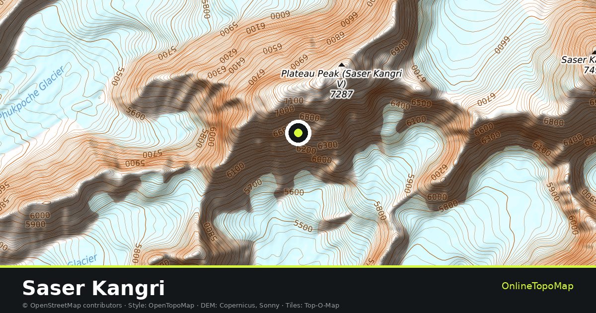 Topographic map of Saser Kangri with contour lines and hillshading