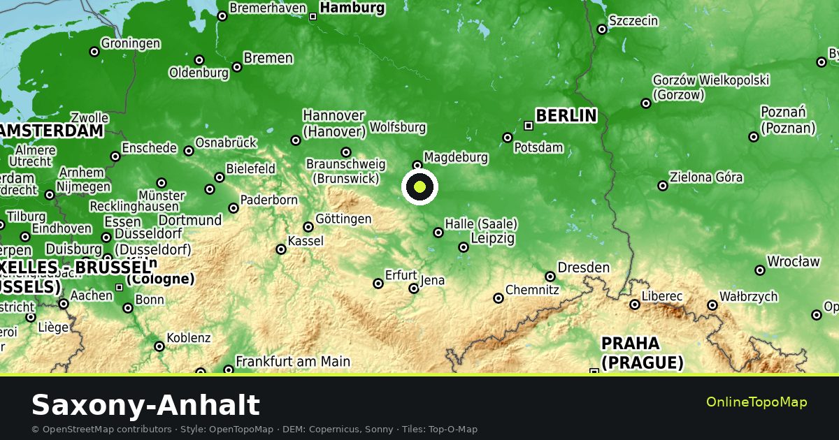Topographic map of Saxony-Anhalt with contour lines and hillshading