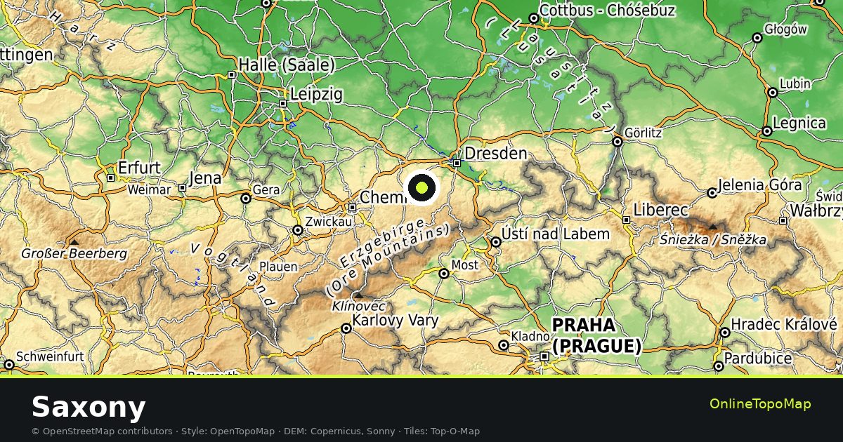 Topographic map of Saxony with contour lines and hillshading
