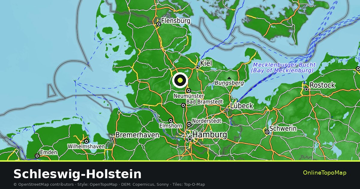 Topographic map of Schleswig-Holstein with contour lines and hillshading