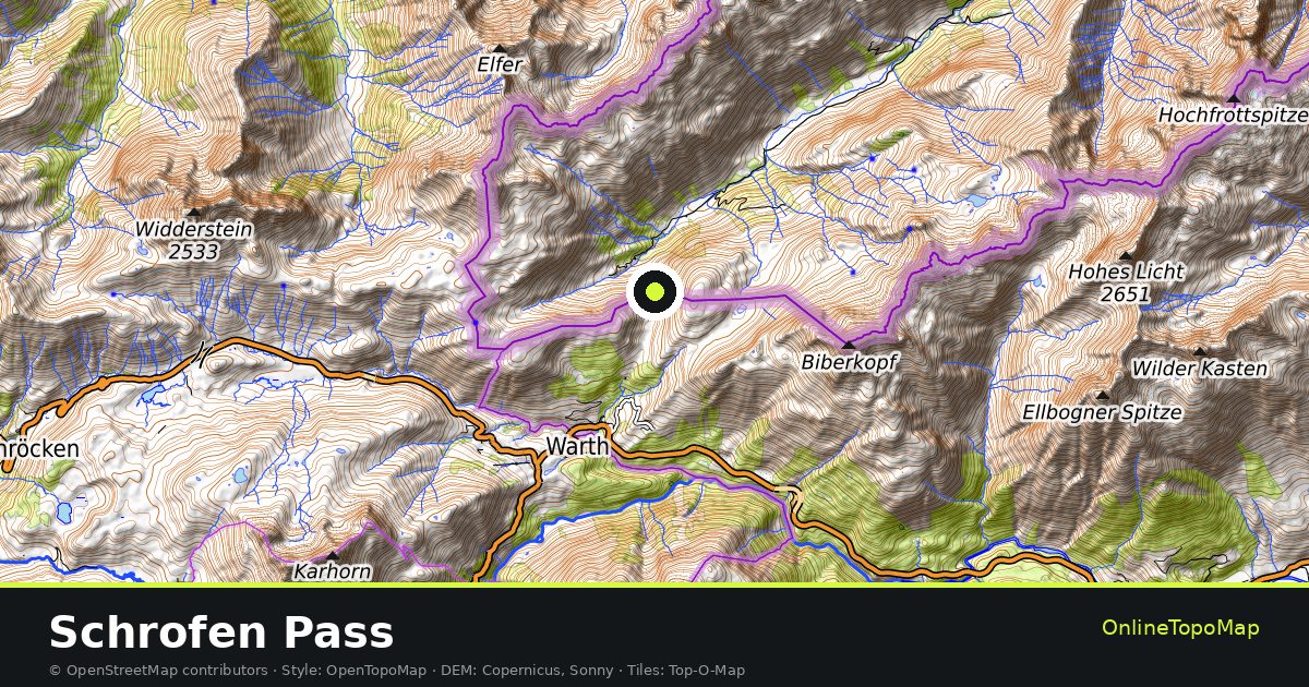 Topographic map of Schrofen Pass with contour lines and hillshading