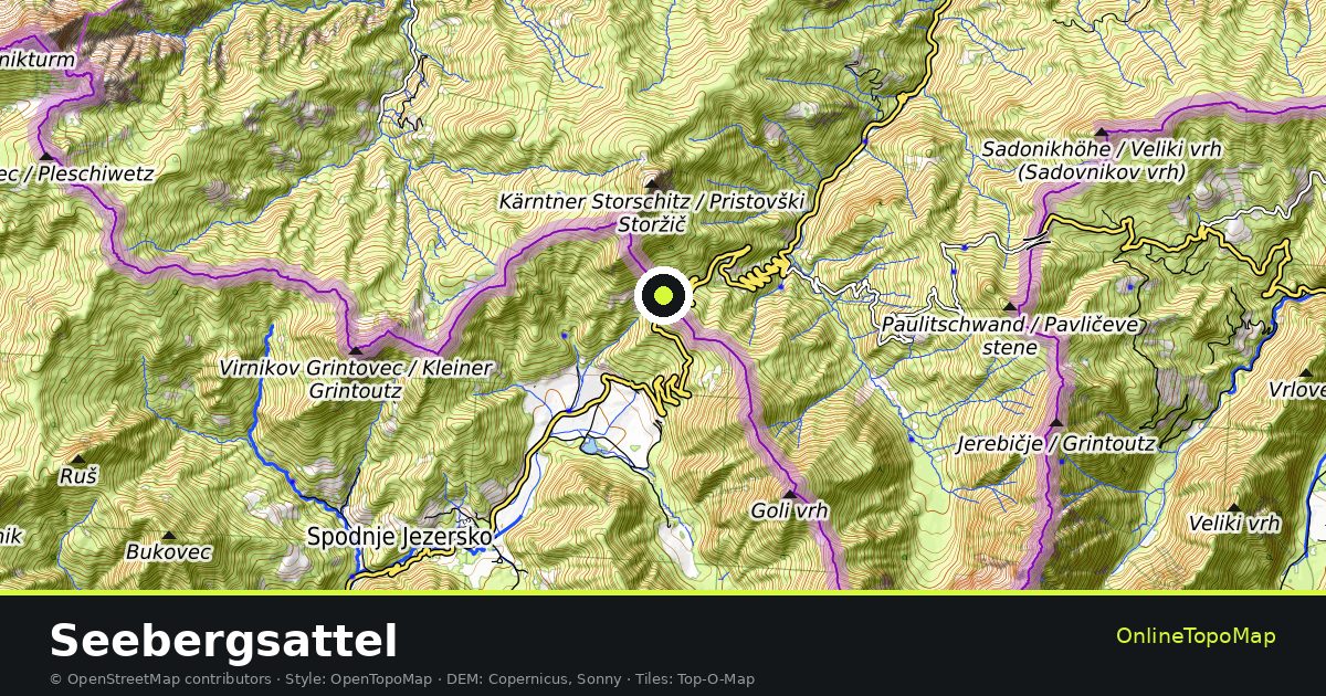 Topographic map of Seebergsattel with contour lines and hillshading