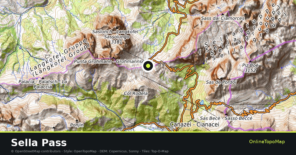 Topographic map of Sella Pass with contour lines and hillshading