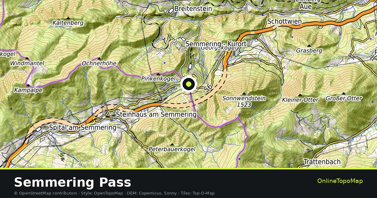Topographic map of Semmering Pass with contour lines and hillshading