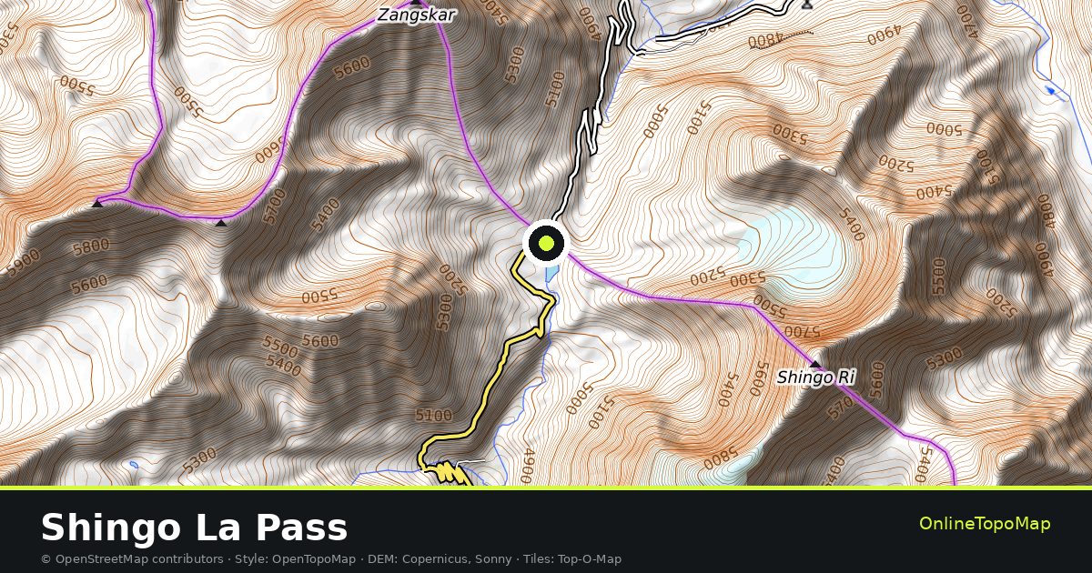 Topographic map of Shingo La Pass with contour lines and hillshading