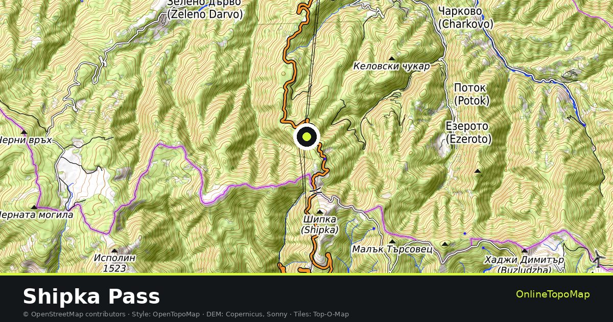 Topographic map of Shipka Pass with contour lines and hillshading