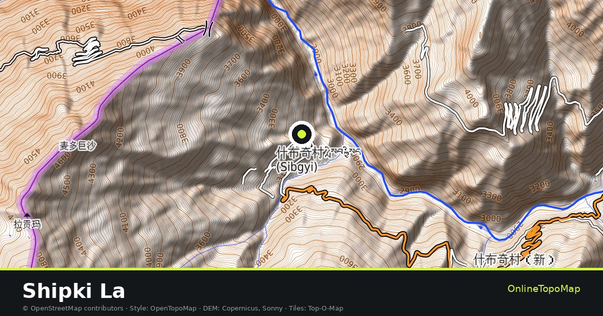 Topographic map of Shipki La with contour lines and hillshading