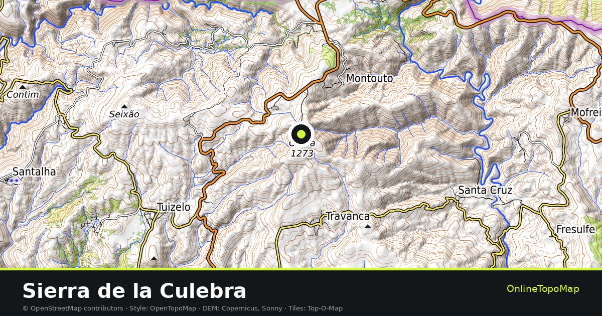 Topographic map of Sierra de la Culebra with contour lines and hillshading