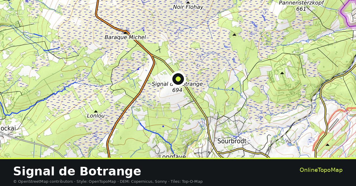 Topographic map of Signal de Botrange with contour lines and hillshading
