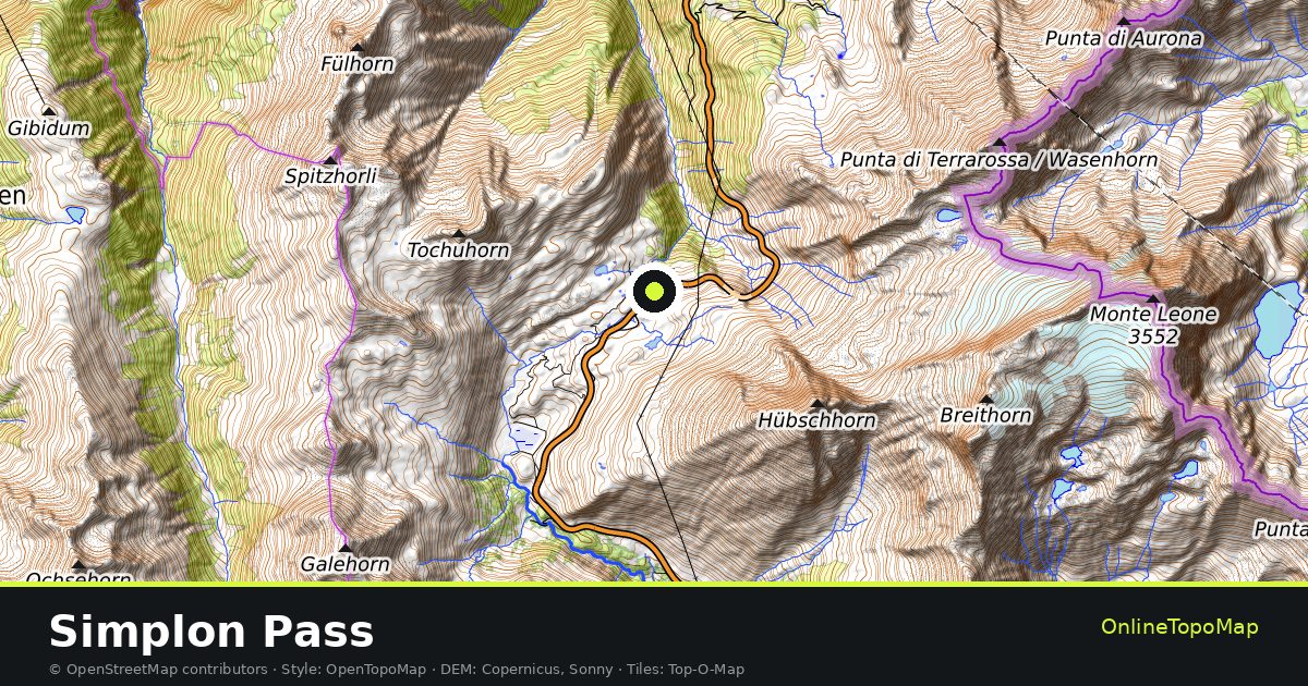Topographic map of Simplon Pass with contour lines and hillshading