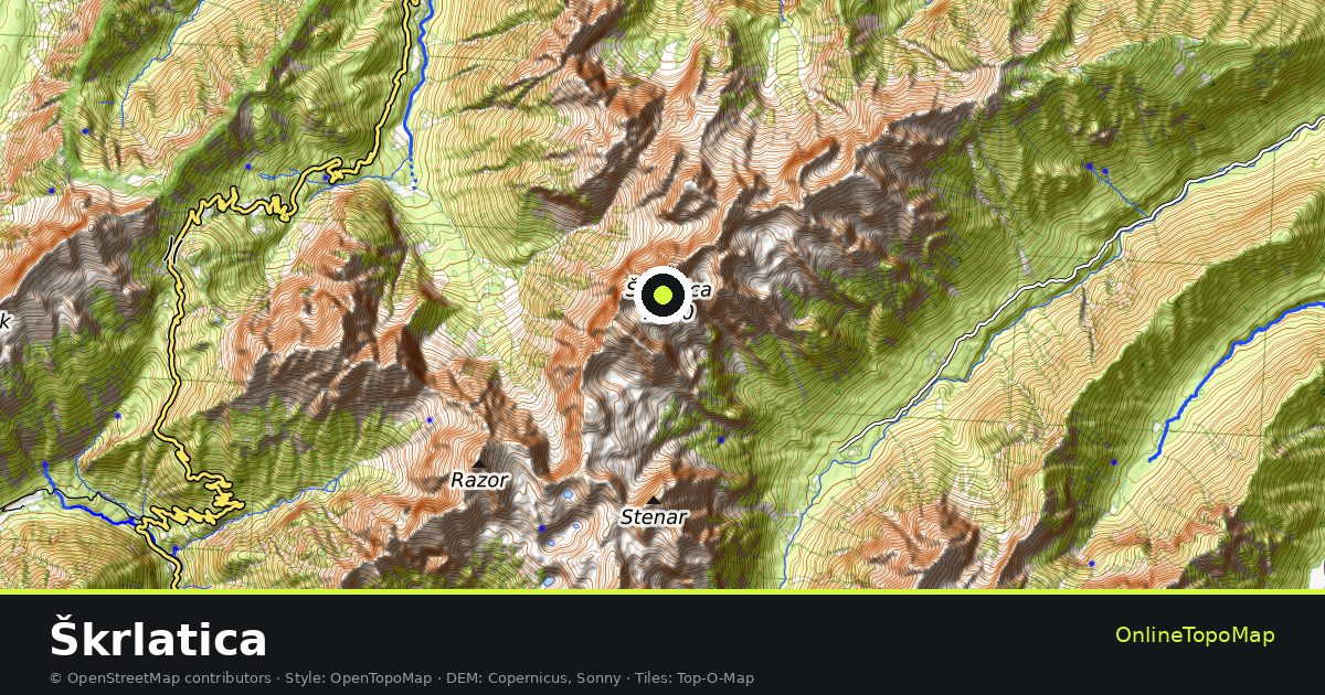 Topographic map of Škrlatica with contour lines and hillshading