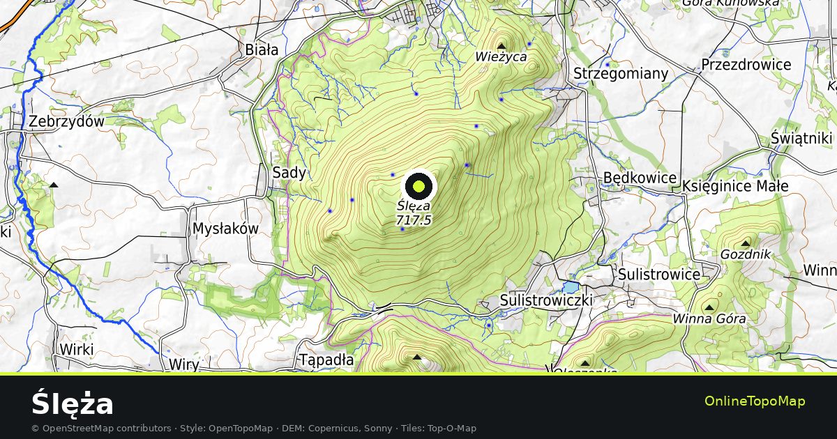 Topographic map of Ślęża with contour lines and hillshading