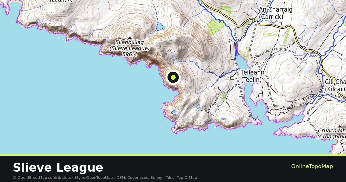 Topographic map of Slieve League with contour lines and hillshading