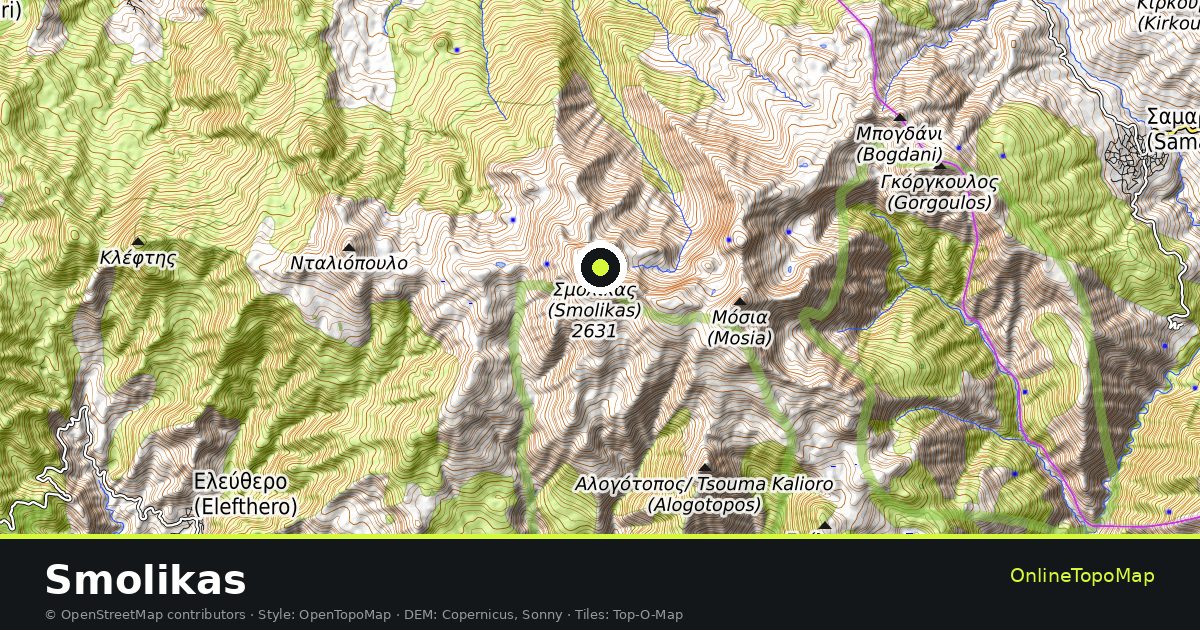 Topographic map of Smolikas with contour lines and hillshading