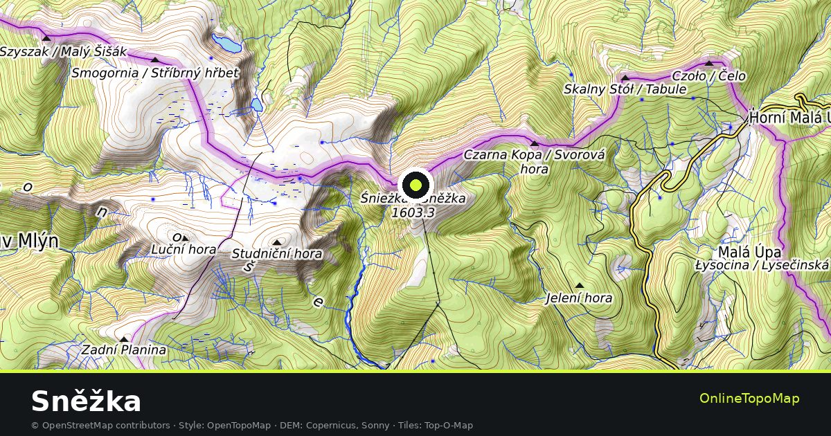 Topographic map of Sněžka with contour lines and hillshading