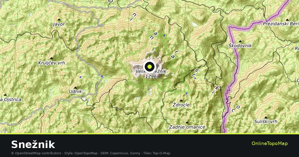 Topographic map of Snežnik with contour lines and hillshading