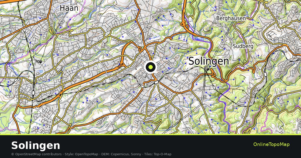 Topographic map of Solingen with contour lines and hillshading