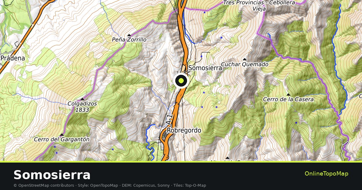 Topographic map of Somosierra with contour lines and hillshading