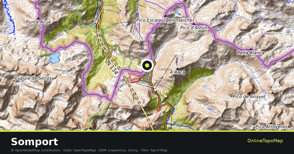 Topographic map of Somport with contour lines and hillshading