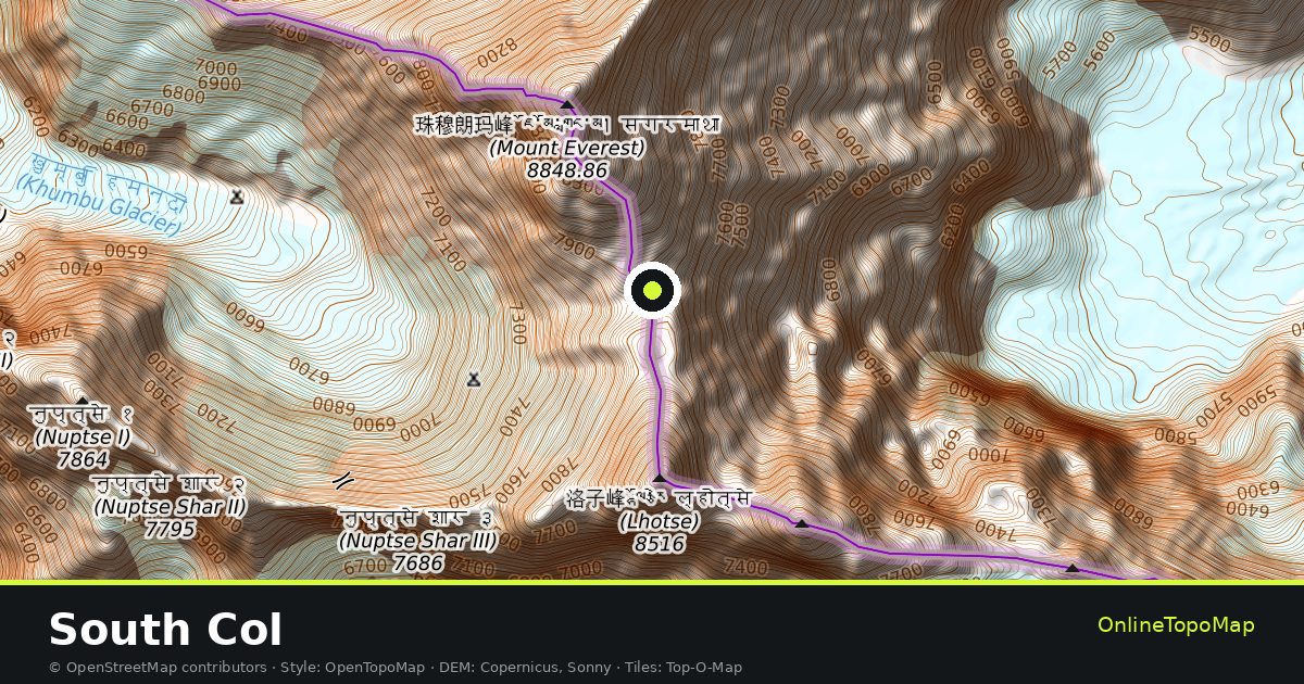Topographic map of South Col with contour lines and hillshading