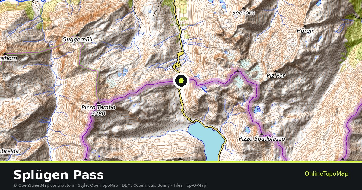 Topographic map of Splügen Pass with contour lines and hillshading