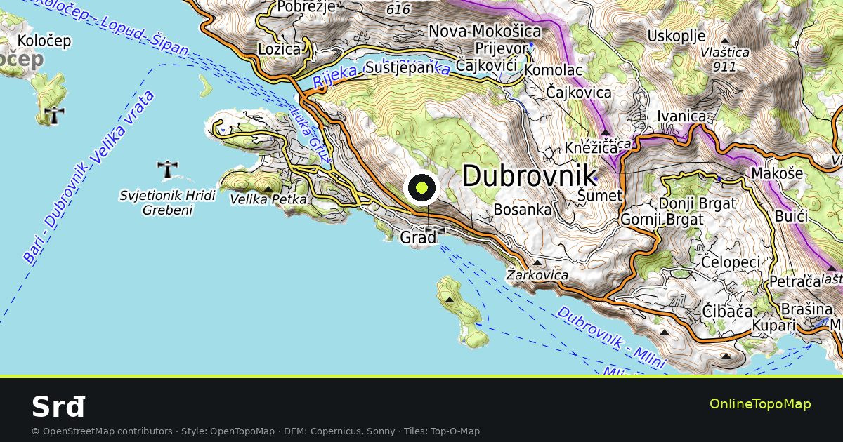 Topographic map of Srđ with contour lines and hillshading