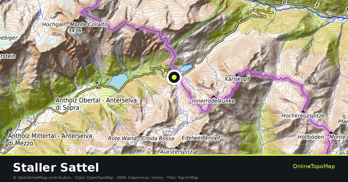 Topographic map of Staller Sattel with contour lines and hillshading