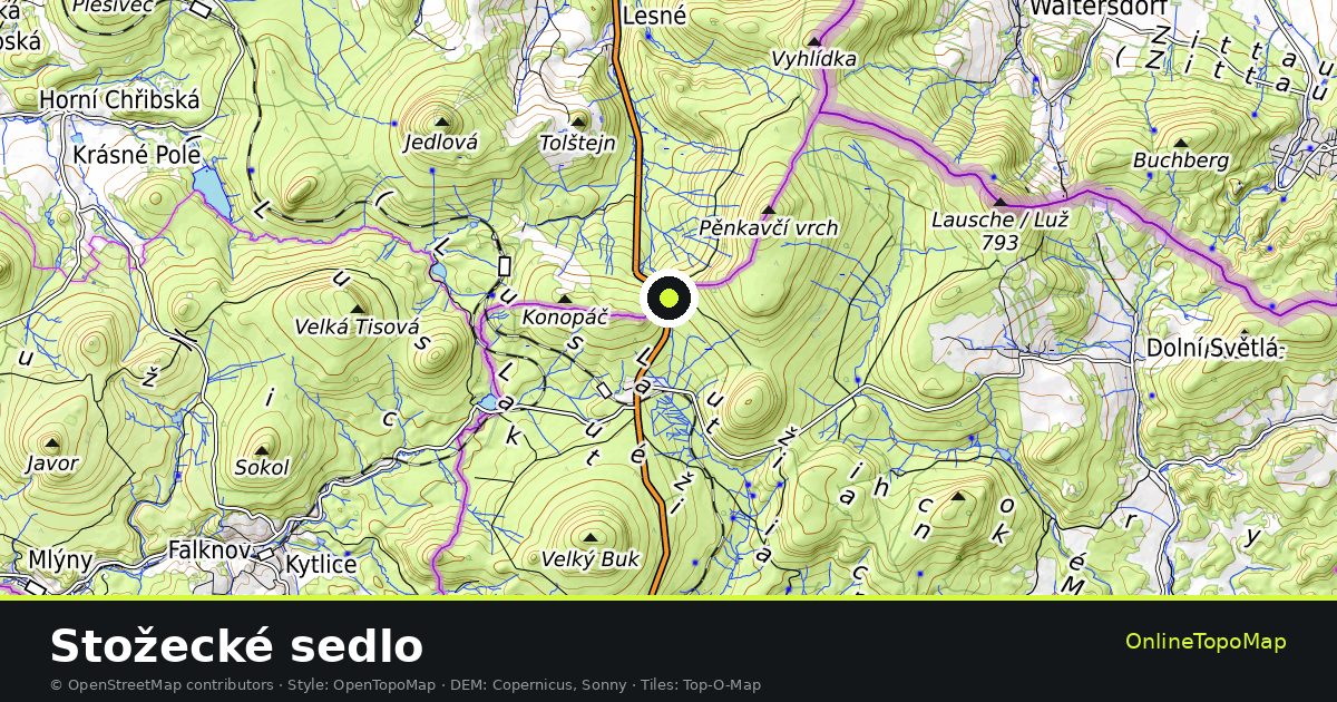 Topographic map of Stožecké sedlo with contour lines and hillshading