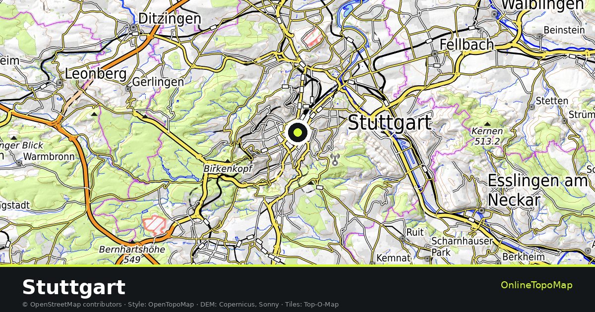 Topographic map of Stuttgart with contour lines and hillshading