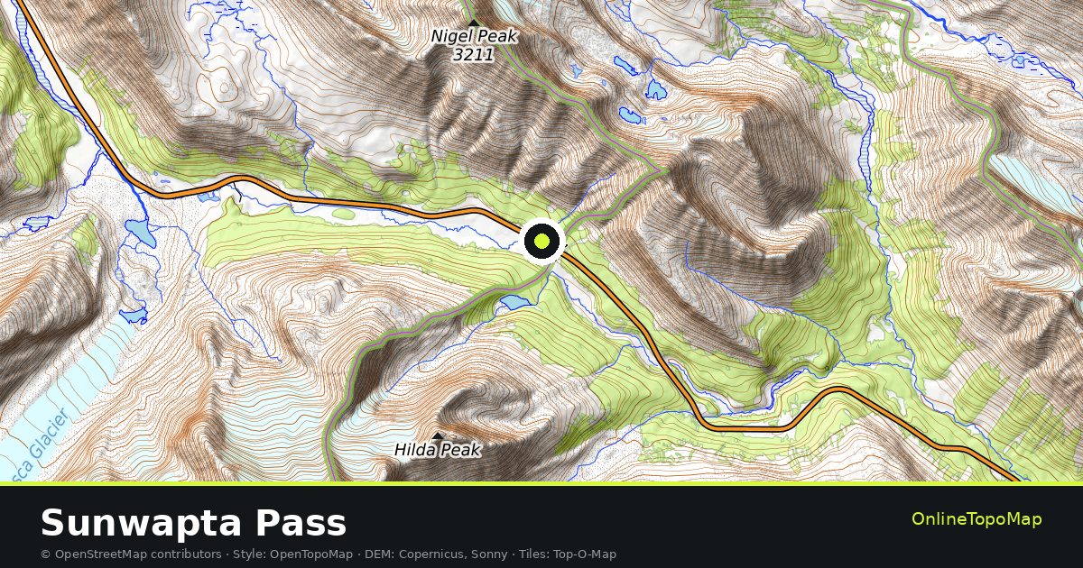 Topographic map of Sunwapta Pass with contour lines and hillshading