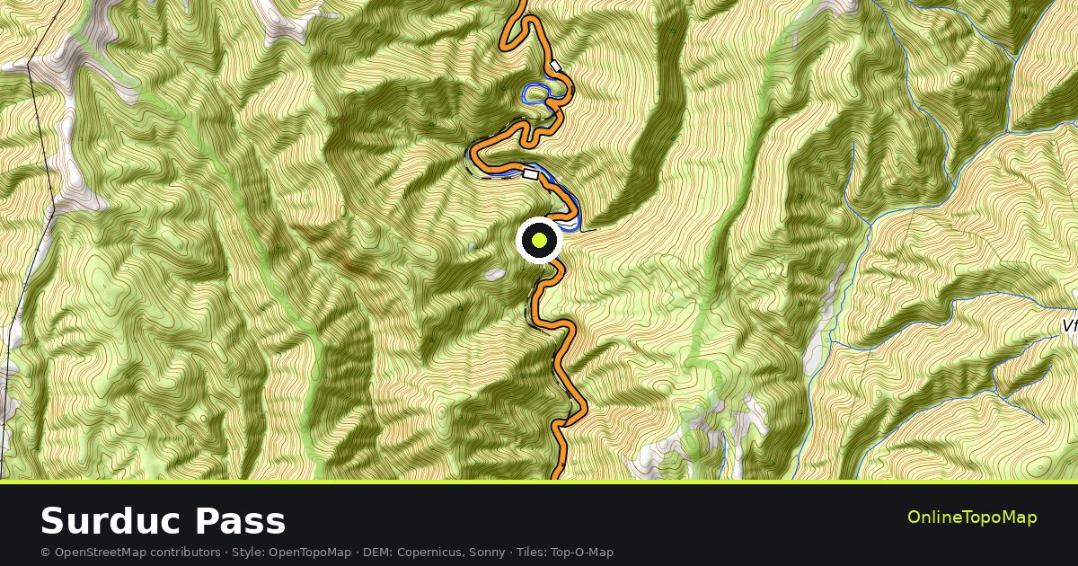 Topographic map of Surduc Pass with contour lines and hillshading