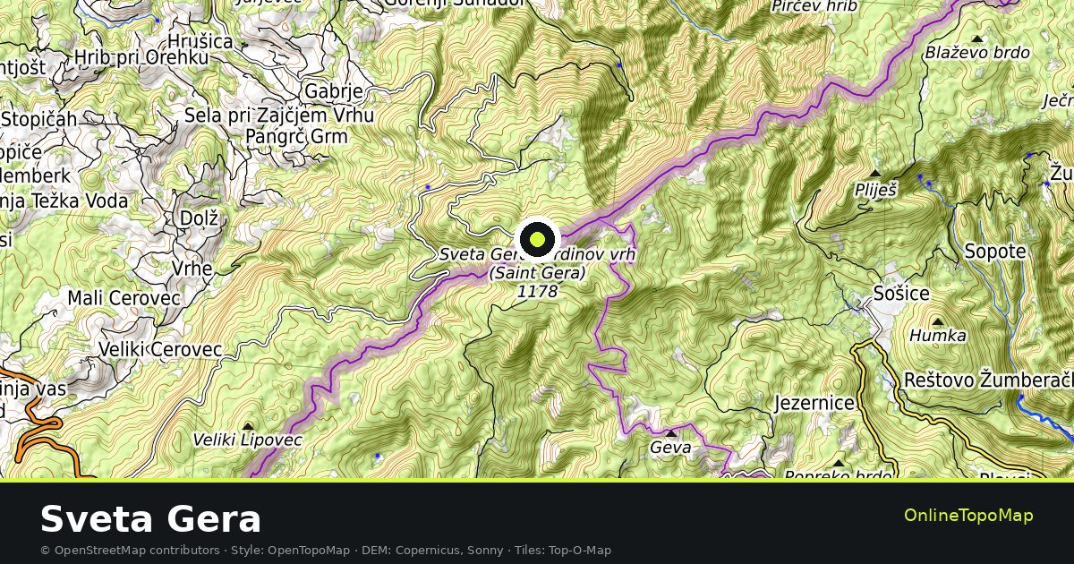 Topographic map of Sveta Gera with contour lines and hillshading