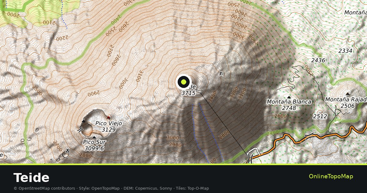 Topographic map of Teide with contour lines and hillshading