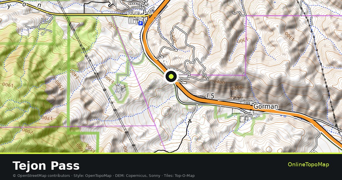 Topographic map of Tejon Pass with contour lines and hillshading