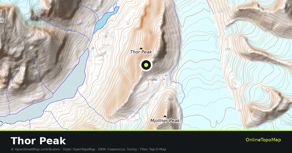 Topographic map of Thor Peak with contour lines and hillshading