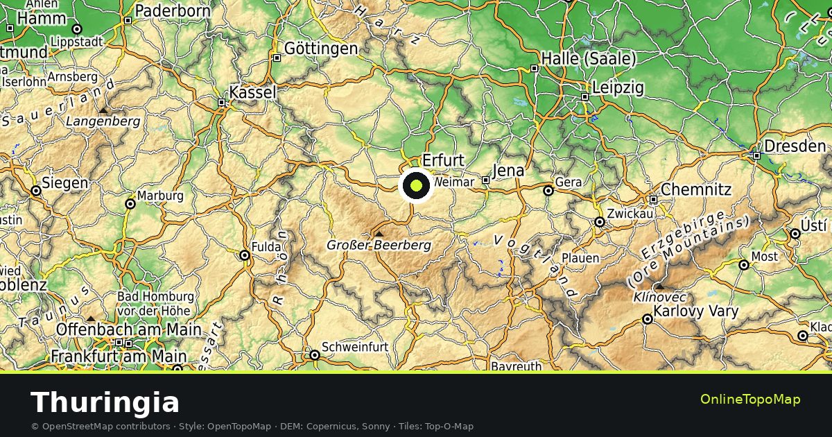 Topographic map of Thuringia with contour lines and hillshading