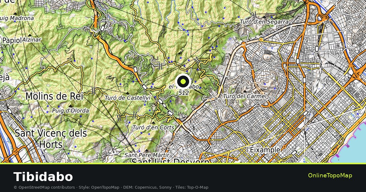 Topographic map of Tibidabo with contour lines and hillshading