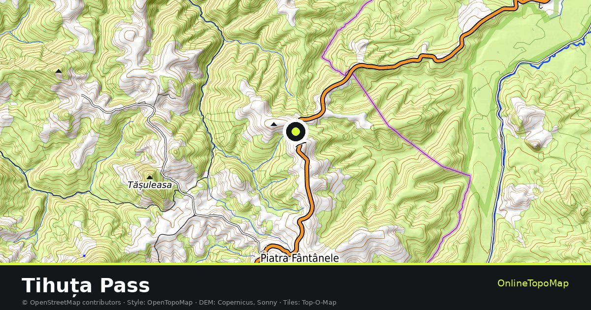 Topographic map of Tihuța Pass with contour lines and hillshading