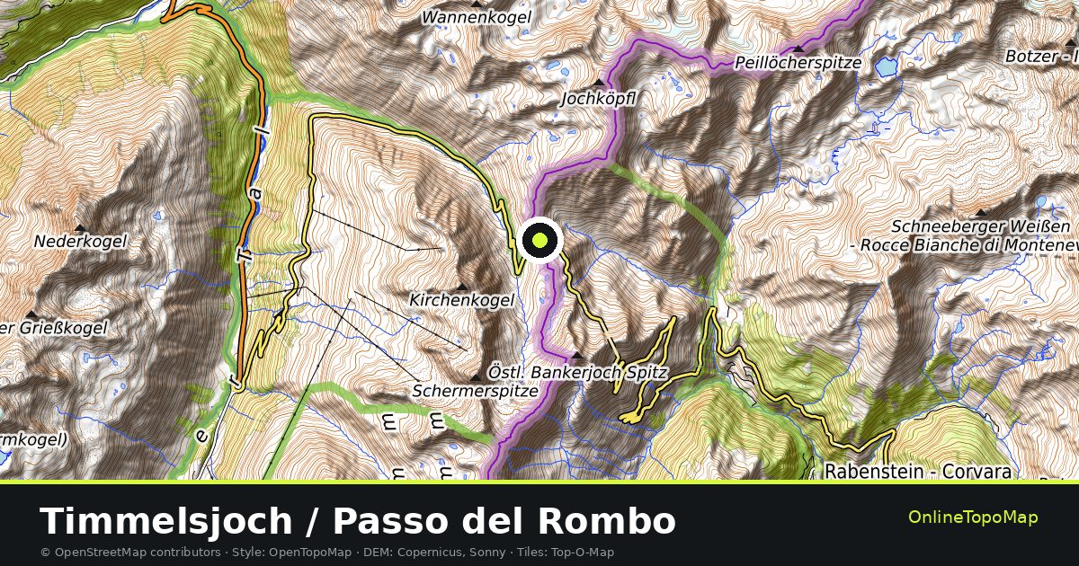 Topographic map of Timmelsjoch / Passo del Rombo with contour lines and hillshading