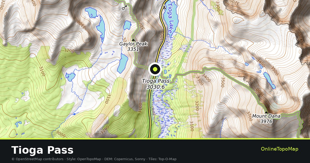Topographic map of Tioga Pass with contour lines and hillshading