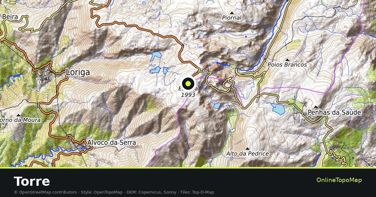Topographic map of Torre with contour lines and hillshading