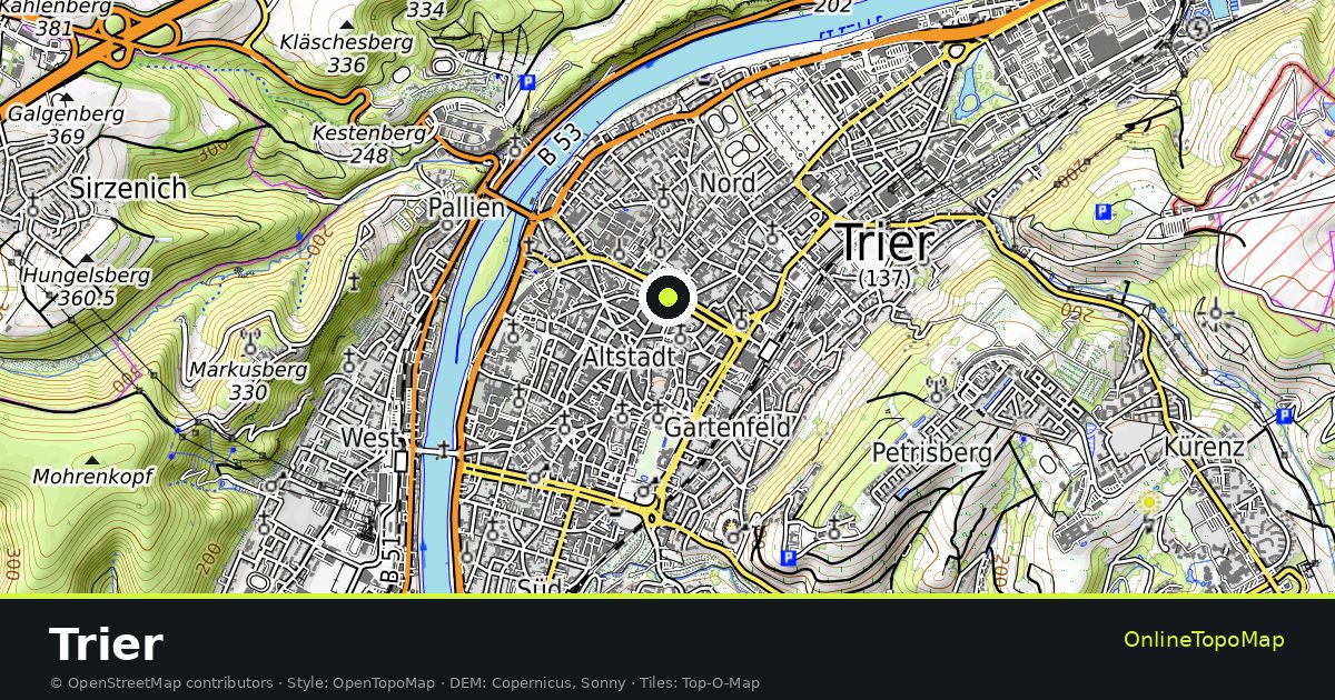 Topographic map of Trier with contour lines and hillshading