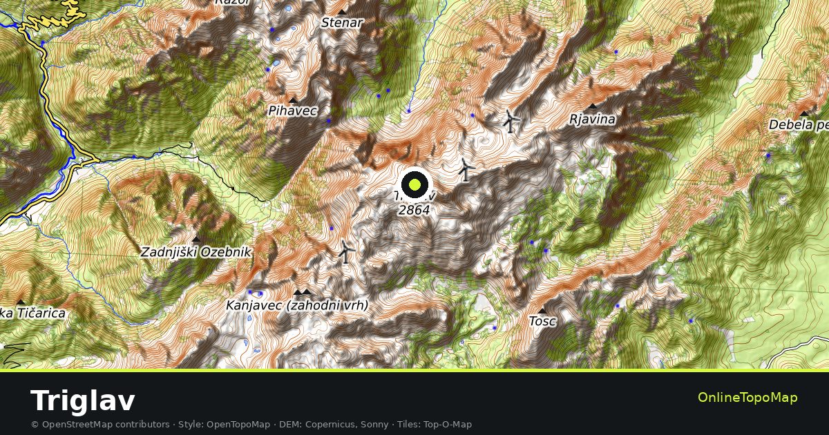 Topographic map of Triglav with contour lines and hillshading