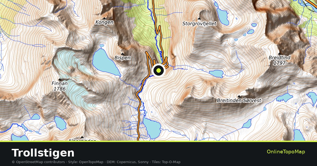 Topographic map of Trollstigen with contour lines and hillshading