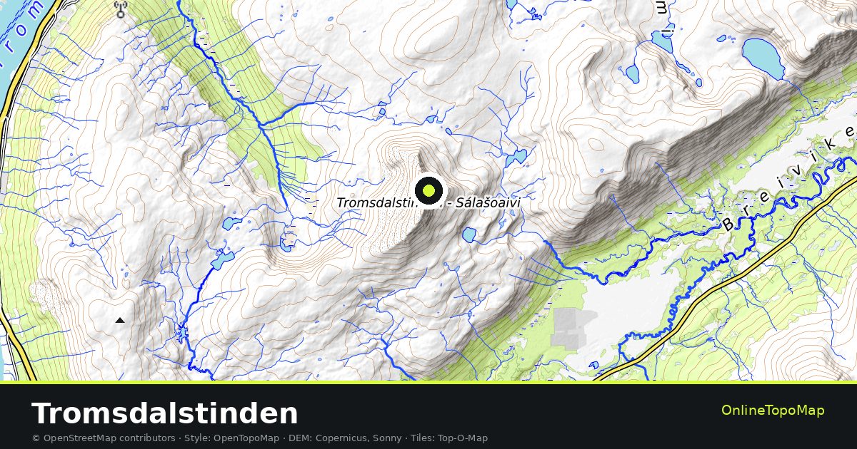 Topographic map of Tromsdalstinden with contour lines and hillshading