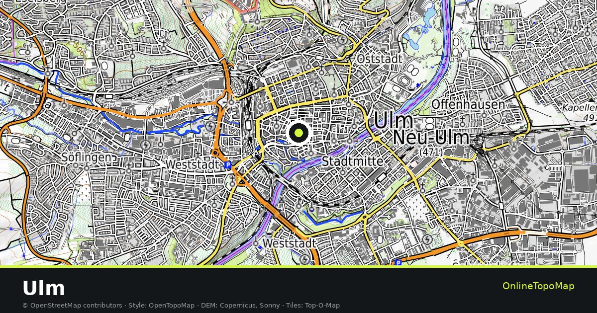 Topographic map of Ulm with contour lines and hillshading