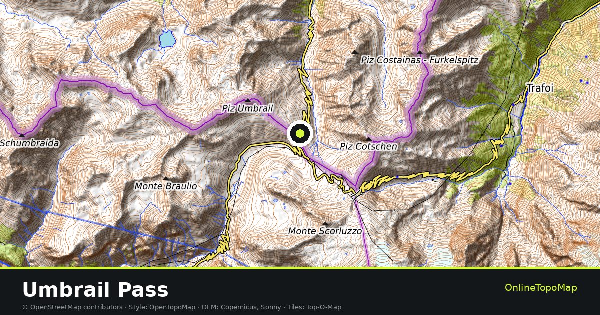 Topographic map of Umbrail Pass with contour lines and hillshading