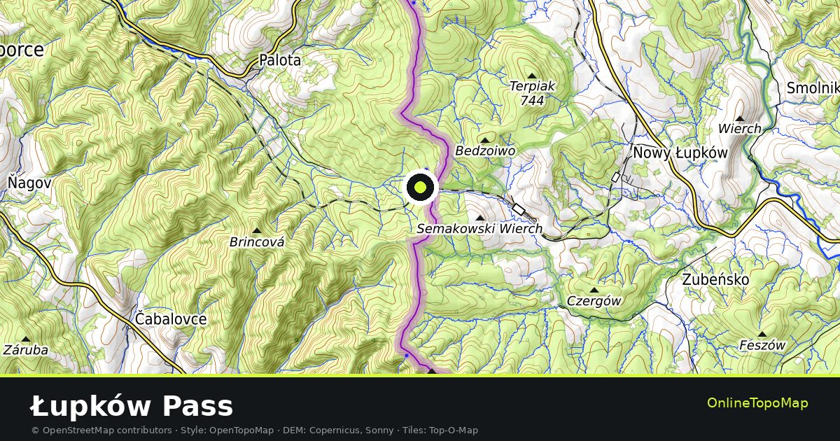 Topographic map of Łupków Pass with contour lines and hillshading